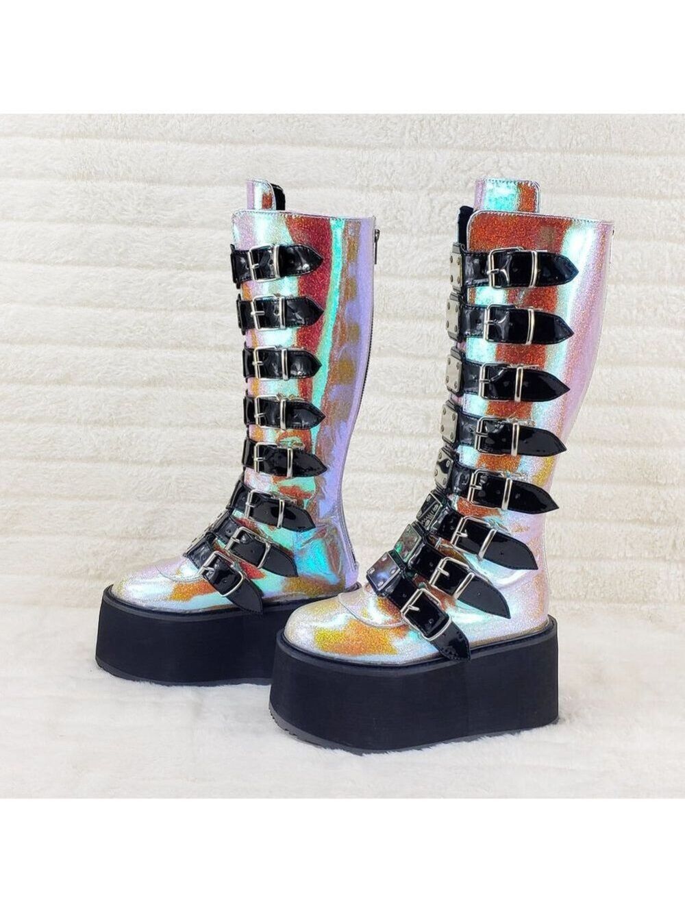 Damned 318 Pink Shifting Hologram Glitter Platform Knee Boots Festival RARE